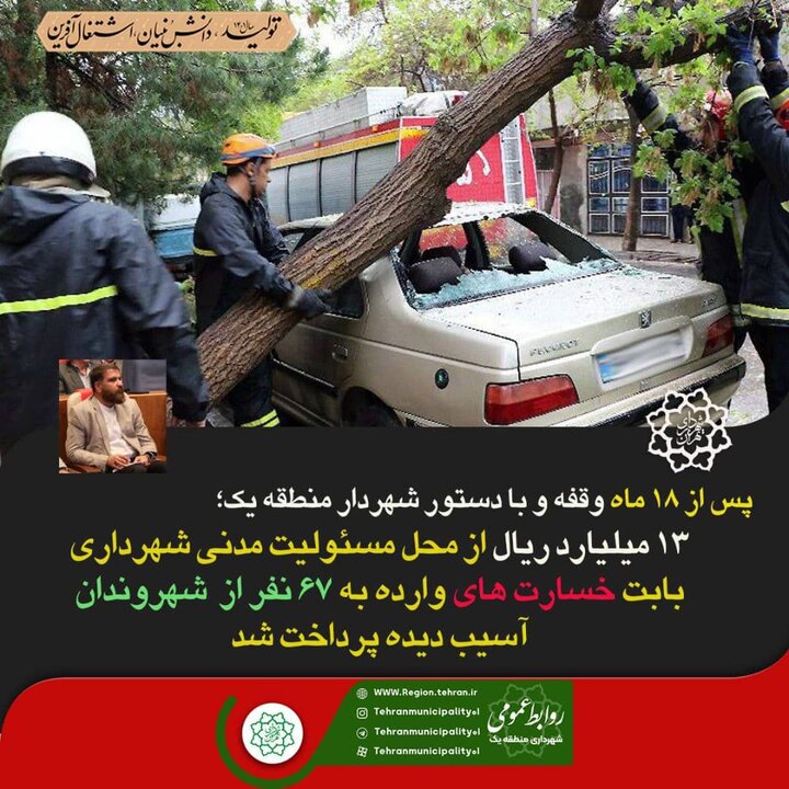 ۱۳میلیارد ریال خسارت سقوط درختان، به شهروندان منطقه یک پرداخت شد