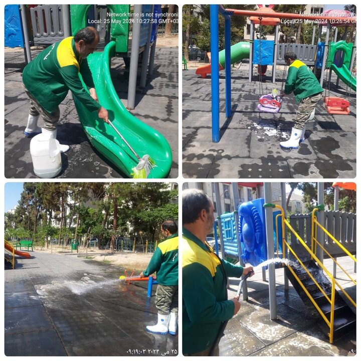 شستشو و نظافت وسایل بازی کودکان در بوستان‌های منطقه ۴