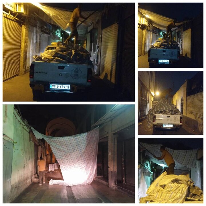 جمع‌آوری سایبان و چادرهای غیرمجاز در خیابان مصطفی‌خمینی منطقه ۱۲