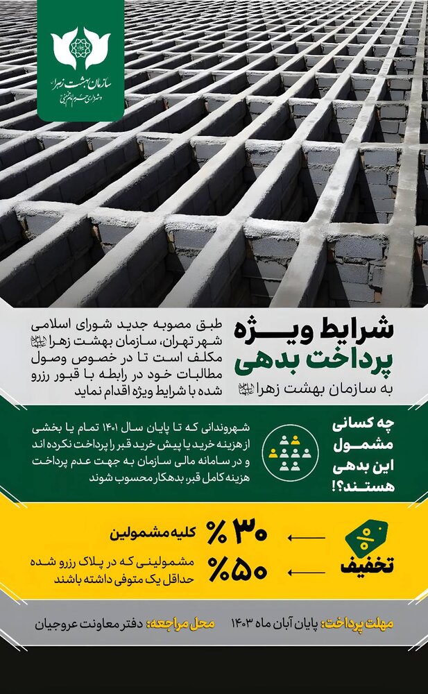 پایان آبانماه آخرین مهلت تخفیف جهت تعیین تکلیف قبور رزرو شده بهشت زهرا (س)