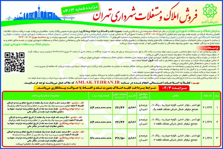 برگزاری سومین مزایده عمومی املاک در سال ۱۴۰۴