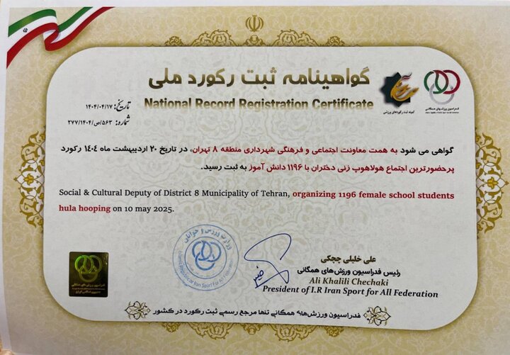  ثبت دومین رکورد ملی در منطقه ۸؛ جشنواره "نشاتو" بزرگ‌ترین اجتماع هولاهوپ کشور شد 