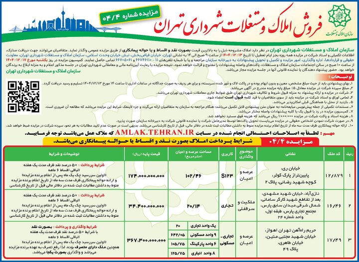برگزاری چهارمین مزایده عمومی املاک و مستغلات شهرداری تهران در سال ۱۴۰۴
