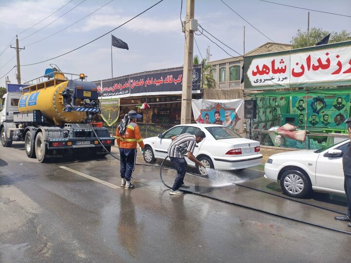 بهره‌گیری از تجهیزات مدرن در مسیر عشق/ پاکسازی بهداشتی موکب‌های مرز خسروی با دستگاه‌های جنیتکس