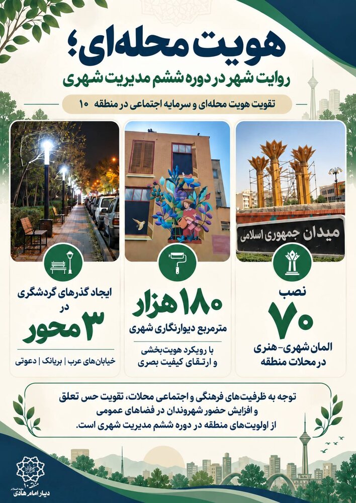 تقویت هویت محله‌ای در منطقه ۱۰ با نصب ۷۰ المان شهری و اجرای ۱۸۰ هزار مترمربع دیوارنگاری